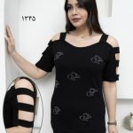 تیشرت طرحدار زنانه سر شانه مقطع نگین دار سایز لاغر
