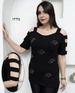 تیشرت طرحدار زنانه سر شانه مقطع نگین دار سایز لاغر