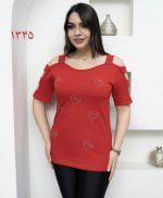 تیشرت طرحدار زنانه سر شانه مقطع نگین دار سایز لاغر - تصویر 2