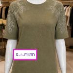 تیشرت آستین سه ربع مجلسی یقه گرد طرح برگ نگین کاری
